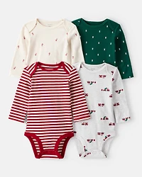 Baby Boy 4-Pack Christmas Print Long-Sleeve Multipack Bodysuits - White/Green
