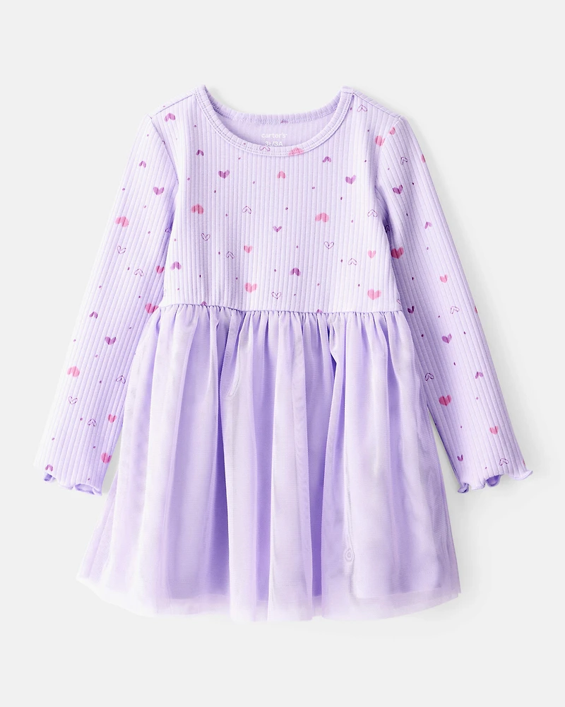 Toddler Girl Heart Print Long-Sleeve Dress - Purple