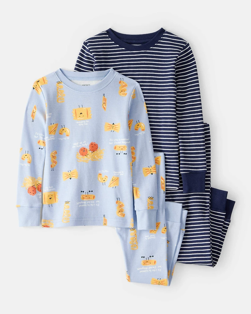 Toddler Pasta Print 100% Cotton Long-Sleeve Snug Fit 4-Piece Pajamas - Blue