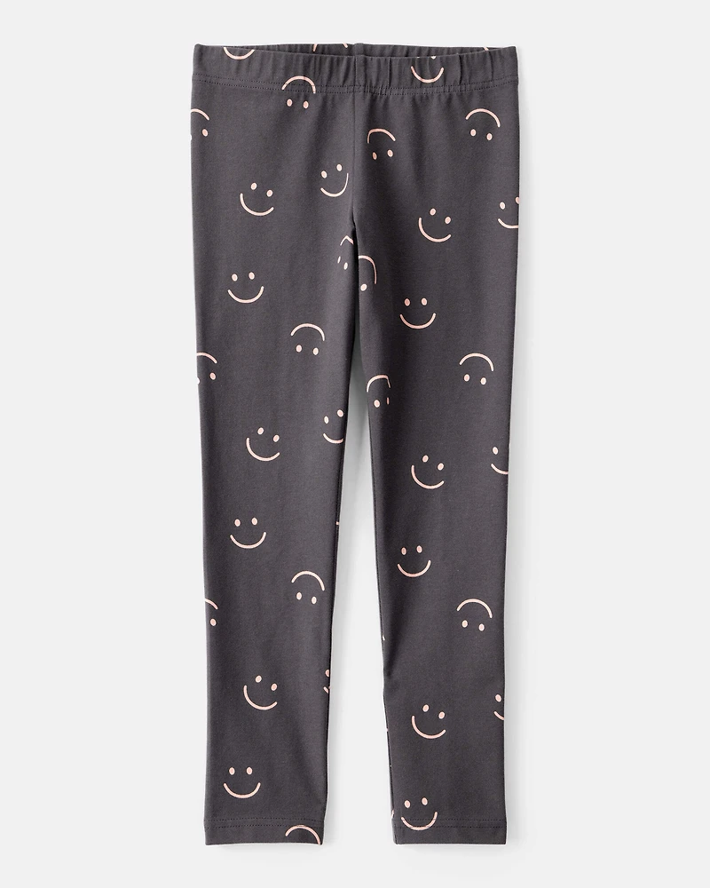 Girls Smiley Face Print Cotton Pull-On Stretch Leggings - Black
