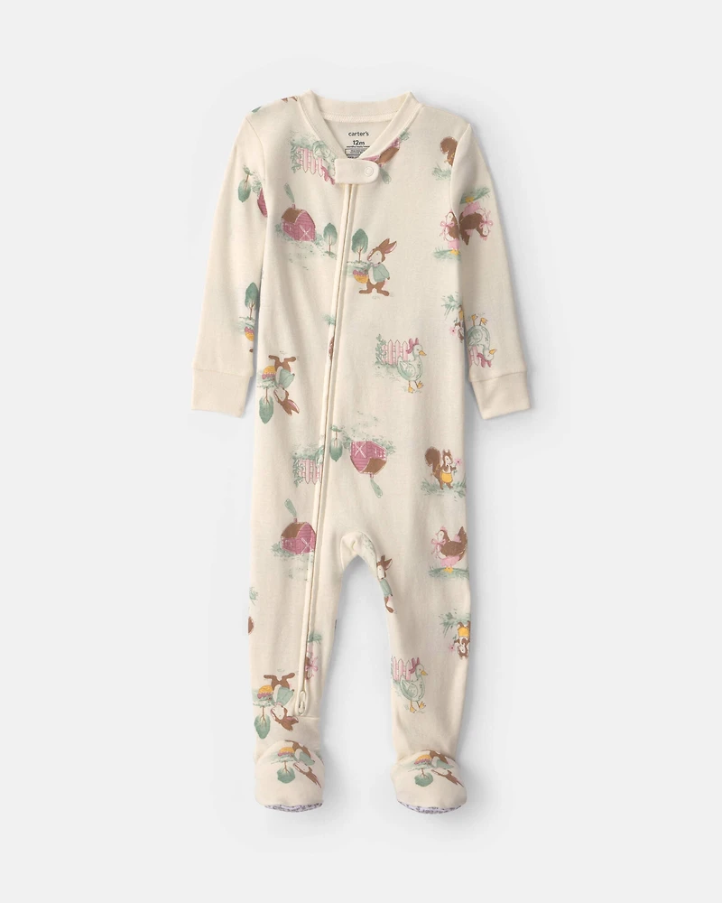 Baby Girl 1-Piece Country Farm 2-Way Zip 100% Cotton Snug Fit Footed Pajama - Cream