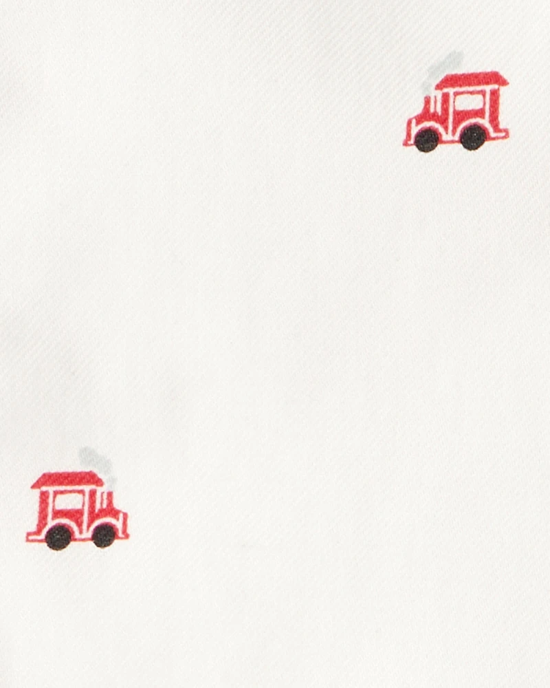 Baby Boy Train Print Button-Down Fashion Bodysuit - White