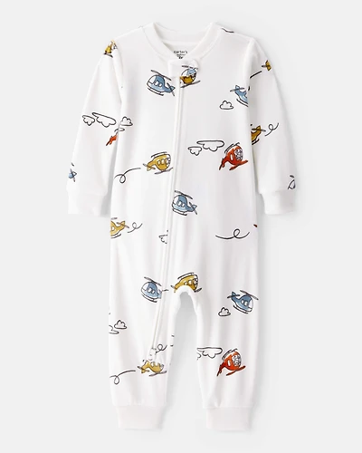 Baby Boy Helicopter Print DreamPlush Snug Fit Long-Sleeve 2-Way Zip 1-Piece Pajamas - White