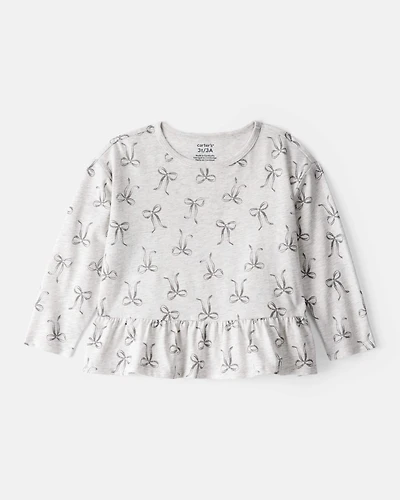 Toddler Girl Bow Print Long-Sleeve Peplum Top