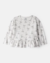 Toddler Girl Bow Print Long-Sleeve Peplum Top