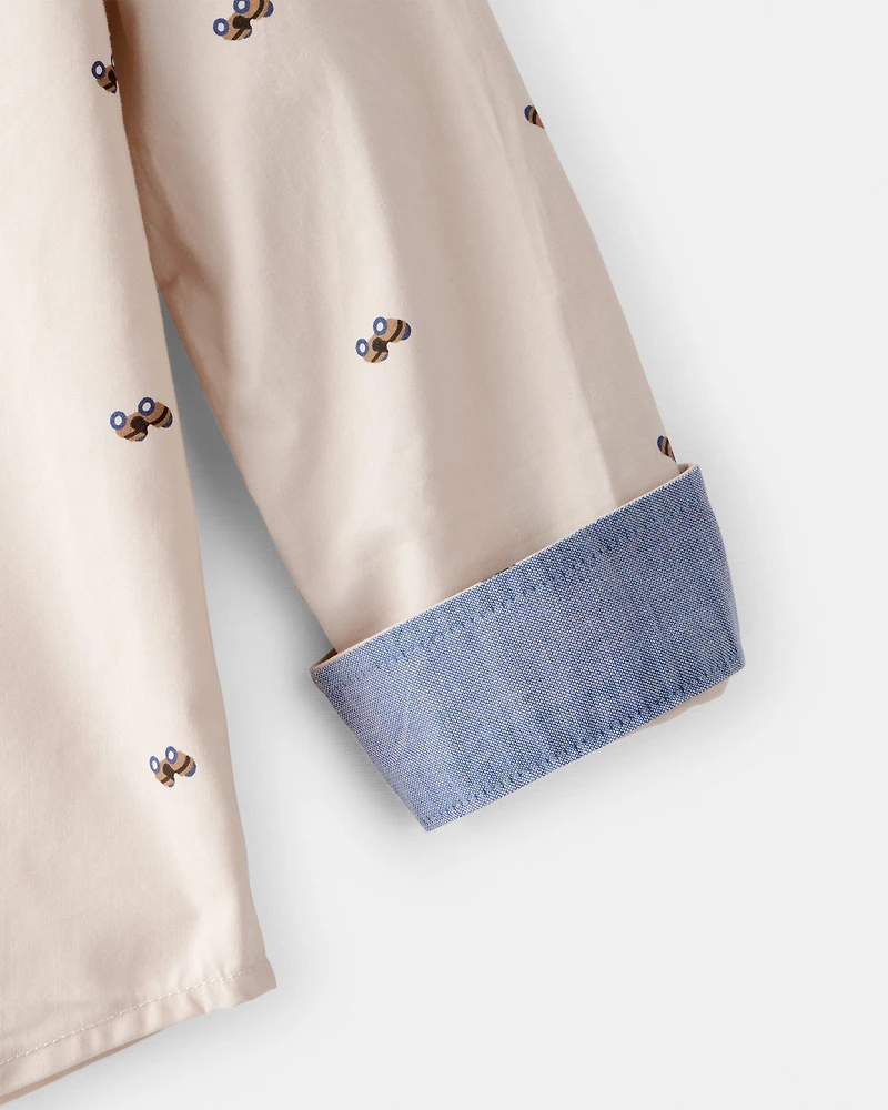 Toddler Boy Race Car Print Long-Sleeve Button-Down Shirt - Khaki