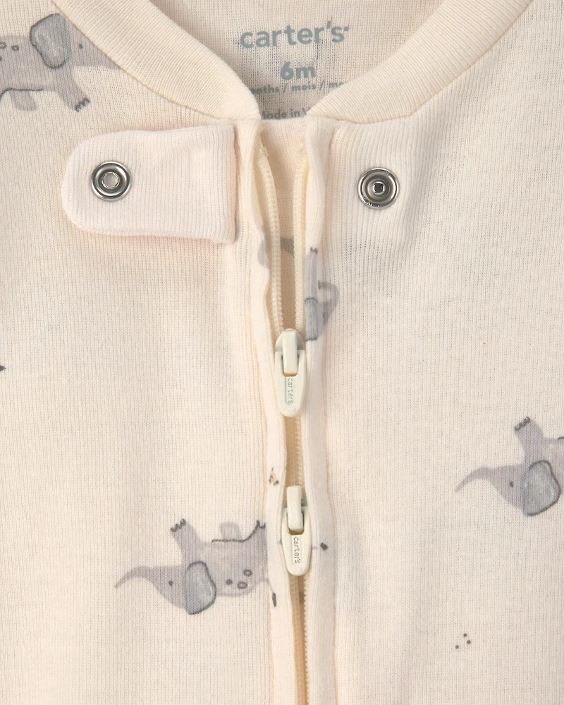 Baby 2-Pack Elephant Striped 100% Cotton 2-Way Zip Sleep & Play Pajamas - Ivory/Grey