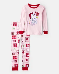Girls Peanuts Snoopy Print 100% Cotton Long-Sleeve Snug Fit 2-Piece Pajamas - Pink