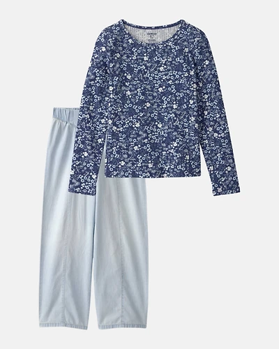 Girls 2-Piece Floral Top & Denim Jeans Set - Blue