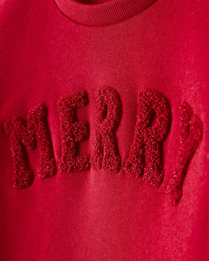 Girls Christmas Merry Long-Sleeve Pullover Sweatshirt - Red