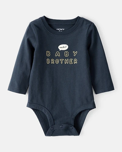 Baby Boy Sweetest Baby Brother Cotton Long-Sleeve Graphic Bodysuit - Navy Blue