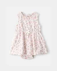 Baby Girl Floral Sleeveless Bodysuit Dress - Ivory