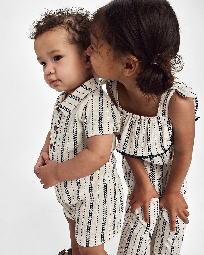 Baby Boy Striped Short-Sleeve Romper - Black/Ivory
