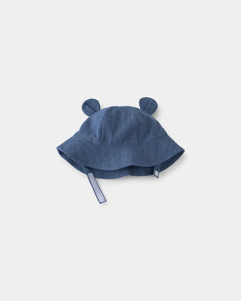 Baby Chambray Bucket Hat with Bear Ears - Indigo