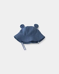 Baby Chambray Bucket Hat with Bear Ears - Indigo