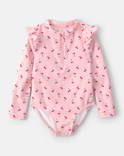 Toddler Girl Cherry Long-Sleeve 1-Piece Rashguard Swimsuit - Pink