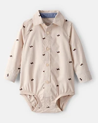 Baby Boy Race Car Print Long-Sleeve Button-Down Bodysuit - Khaki