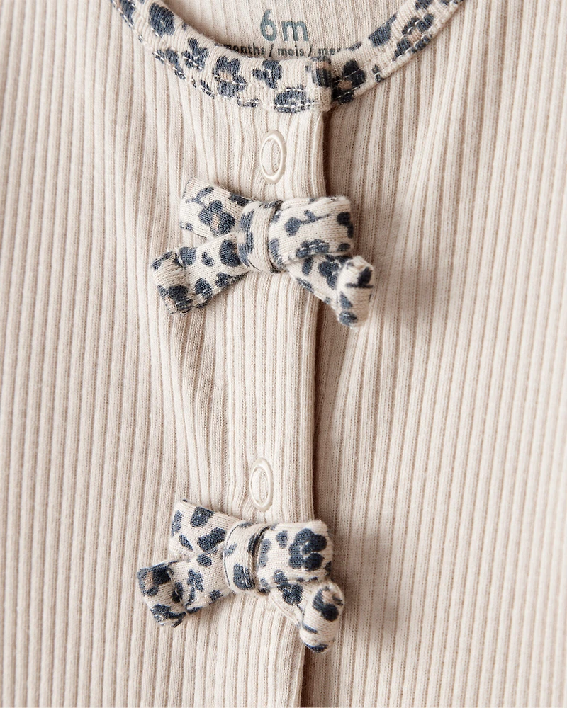 Baby Girl Bow Cotton Long-Sleeve Snug Fit Sleep & Play Pajamas - Brown