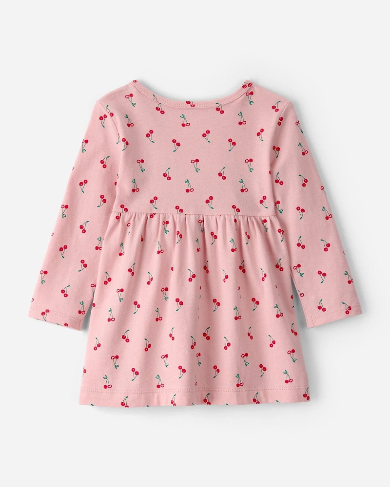 Baby Girl Cherry Long-Sleeve Knit Dress - Pink