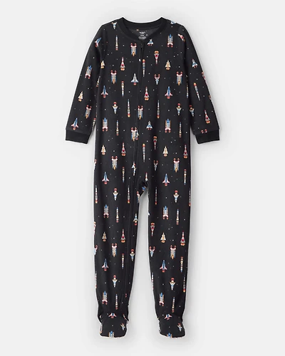 Boys Rocket Ship Print Fleece Long-Sleeve Loose Fit 1-Piece Pajamas - Black