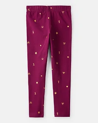 Girls Bow Print Pull-On Stretch Leggings - Purple