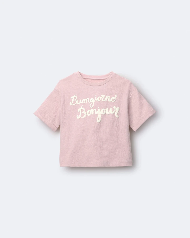 Toddler Girl 'Buongiorno, Bonjour' Rolled Cuff Tee - Light Pink