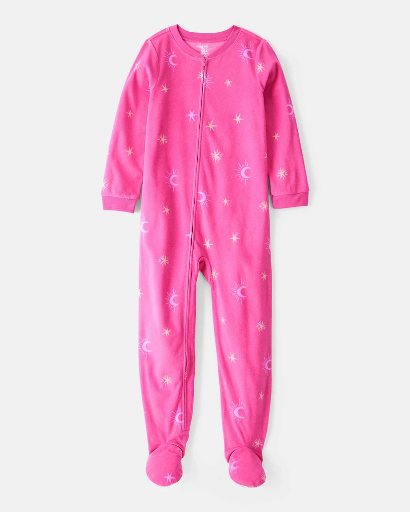 Kid 1-Piece Moon & Stars Fleece Footie Pajamas - Pink