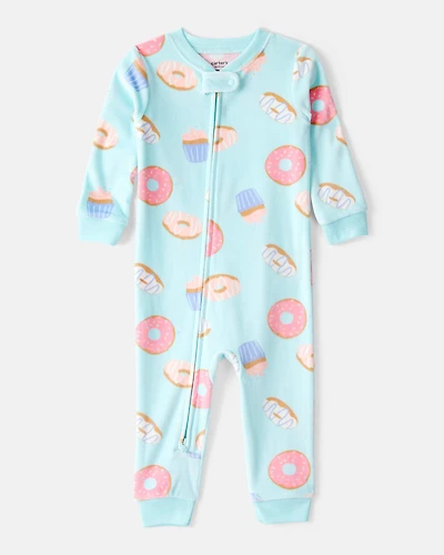 Baby Girl Donuts Print DreamPlush Long-Sleeve Snug Fit 1-Piece Pajamas - Blue