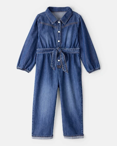 Toddler Girl Denim Cotton Long-Sleeve Jumpsuit - Smokey Wash
