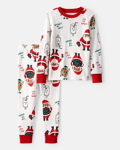 Toddler Brown Santa Milk & Cookies 100% Cotton Long-Sleeve Snug Fit 2-Piece Pajamas - White