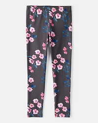 Girls Floral Cotton Pull-On Stretch Leggings - Black