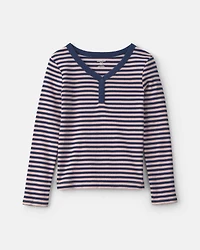 Girls Striped Long-Sleeve Rib Top - Pink/Navy Blue