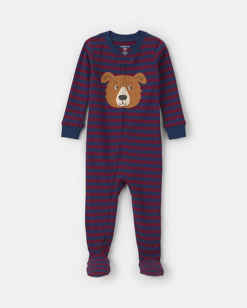 Baby Boy 1-Piece Dog Striped 2-Way Zip 100% Cotton Snug Fit Footed Pajama - Burgundy/Blue