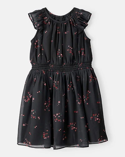 Girls Floral Short-Sleeve Occasion Dress - Black