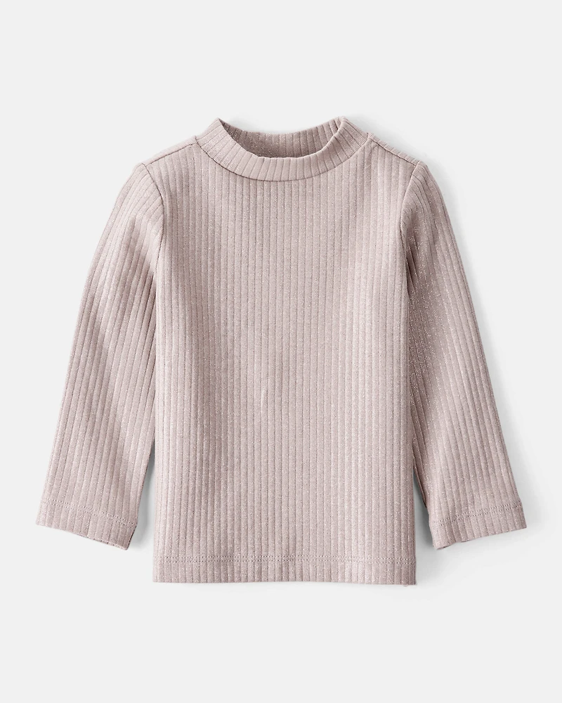 Baby Girl Shimmer Rib Mock Neck Top - Brown