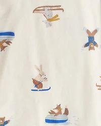 Toddler Boy Woodland Print Cotton Long-Sleeve Snug Fit 4-Piece Pajamas - White/Blue