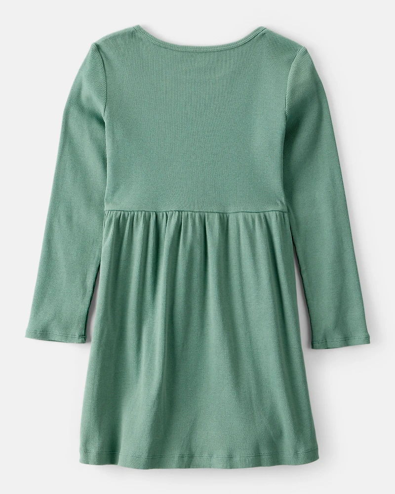 Girls Long Sleeve Cotton Dress - Green