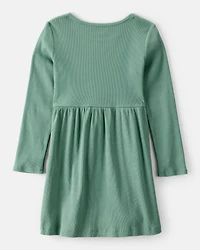 Girls Long Sleeve Cotton Dress - Green