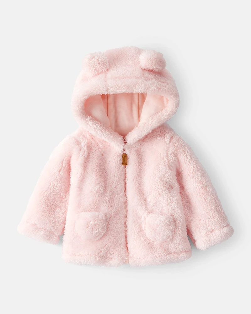 Baby Girl Sherpa Long-Sleeve Hooded Zip-Up Jacket - Pink