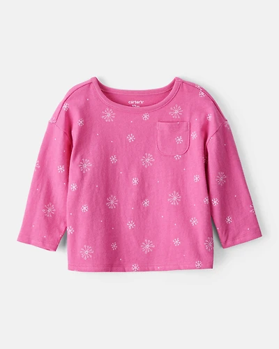 Baby Girl Snowflake Print Long-Sleeve Pocket Tee - Pink