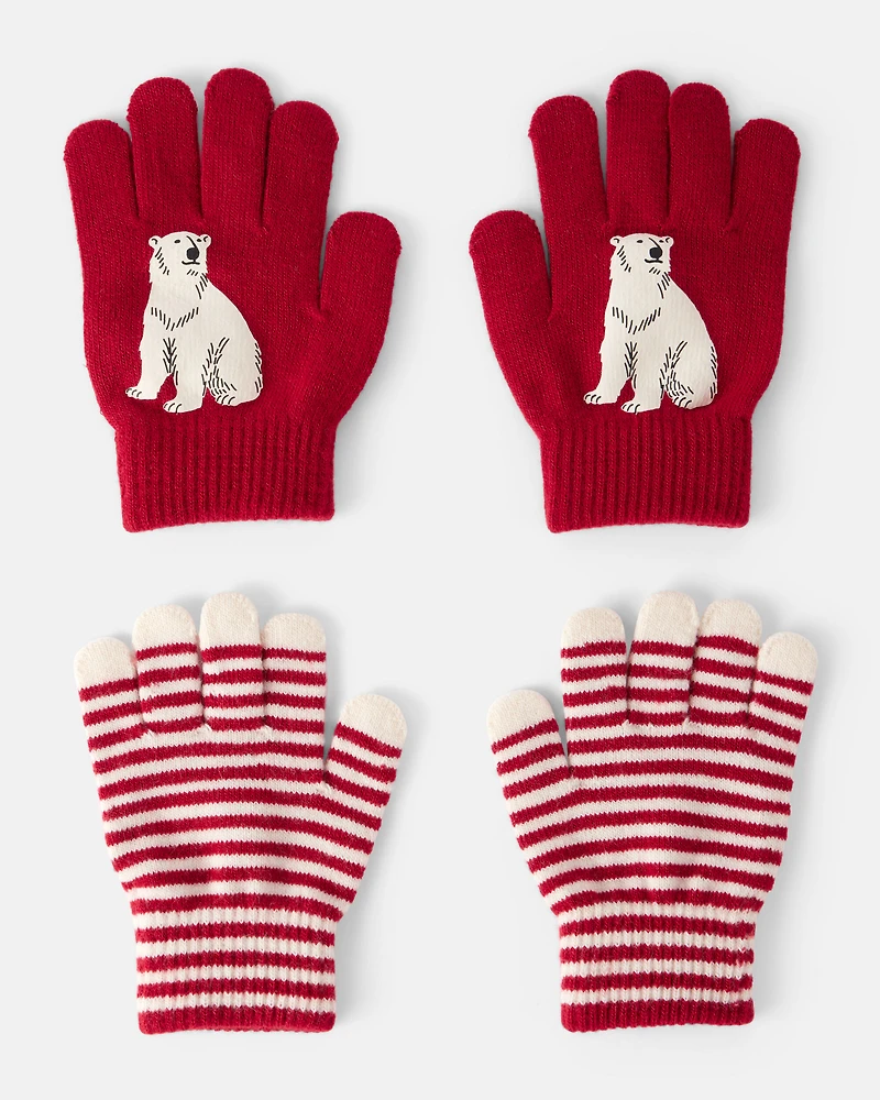 Boys 2-Pack Striped Polar Bear Winter Gloves - Red