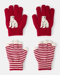 Boys 2-Pack Striped Polar Bear Winter Gloves - Red