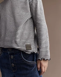 Toddler Girl Striped Ruffle Edge Long-Sleeve Top - Dark Grey/Ivory