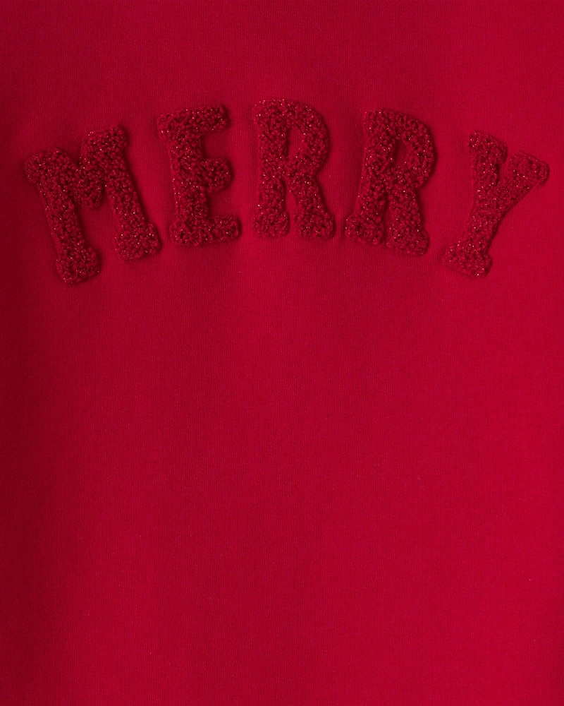 Girls Christmas Merry Long-Sleeve Pullover Sweatshirt - Red