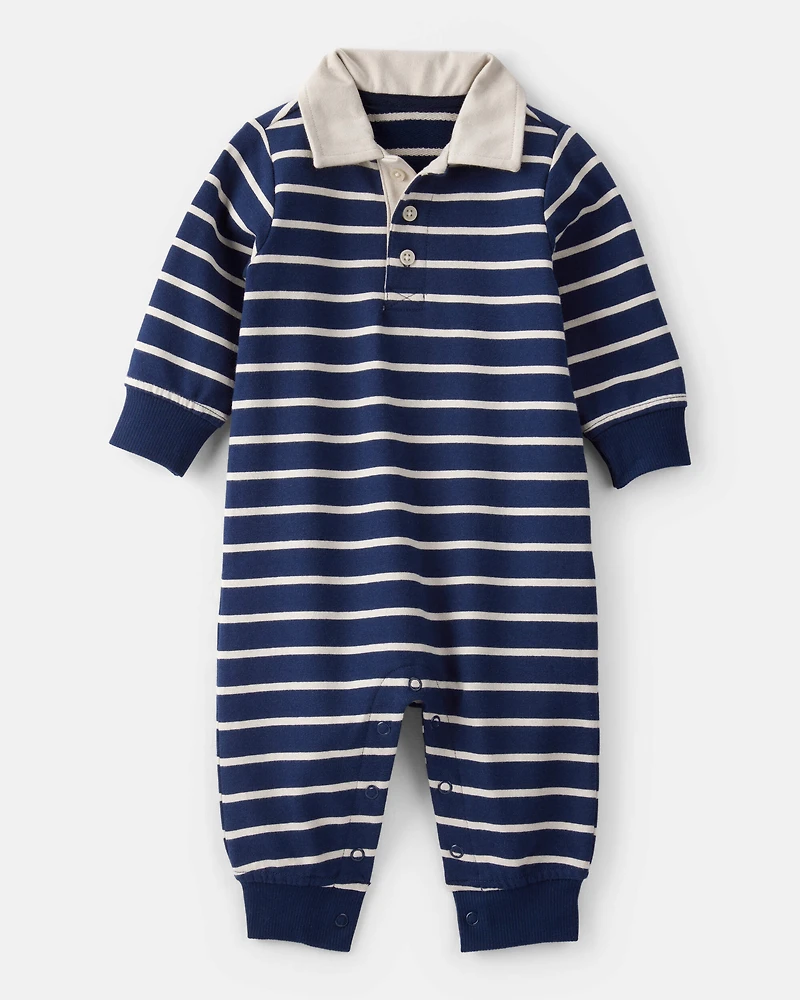 Baby Boy Cotton Long-Sleeve Polo Jumpsuit - Navy/White