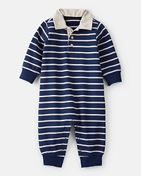 Baby Boy Cotton Long-Sleeve Polo Jumpsuit - Navy/White
