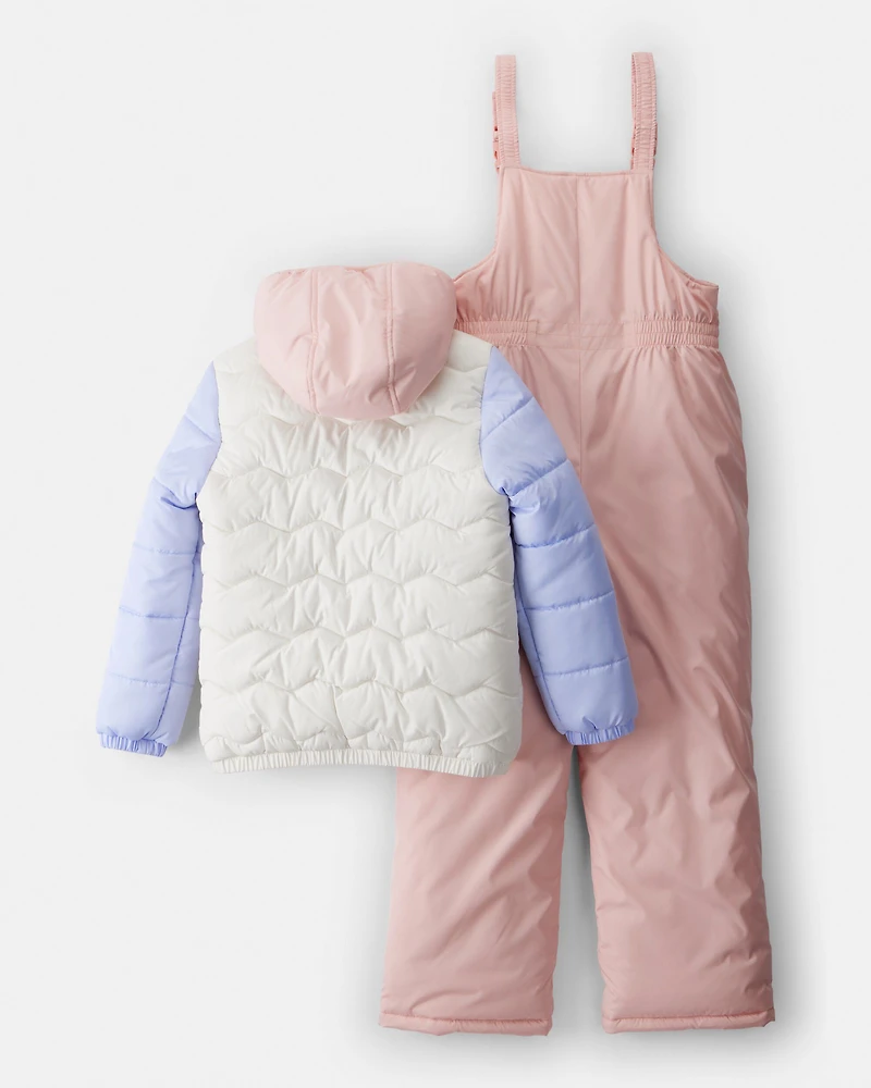 Girls 2-PIece Color Block Hooded Snowsuit Jacket & Bib Set