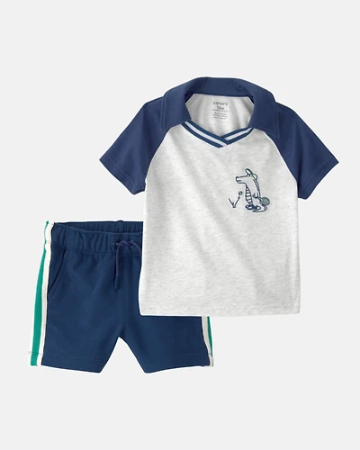 Baby Boy 2-Piece Alligator Polo Shirt & French Terry Shorts Set - Blue/Grey
