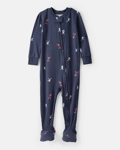 Baby Boy Football Print PurelySoft Long-Sleeve 2-Way Zip 1-Piece Pajamas - Navy Blue