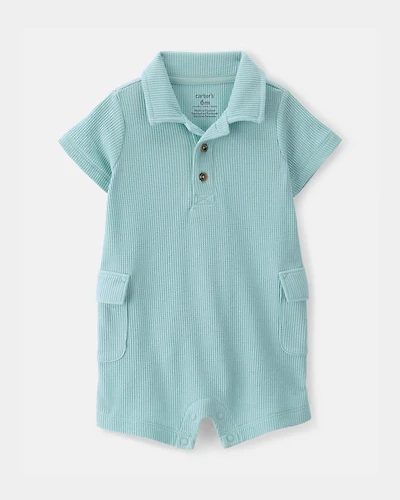 Baby Boy Waffle-Knit Polo Romper - Turquoise
